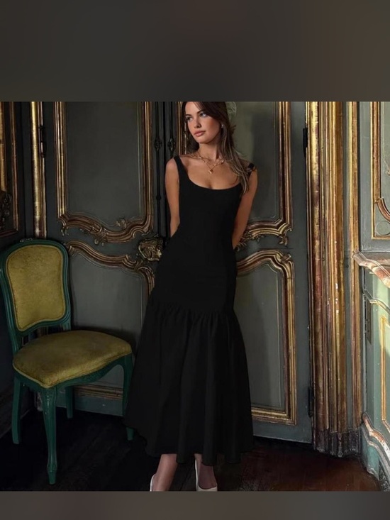 Commense Dresses & Skirts - Commense Black Scoop Neck Ruffled Hem Midi Dress